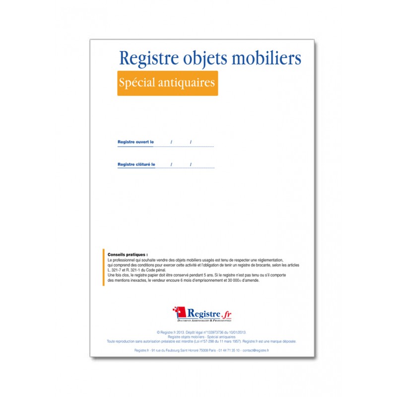 Registre D'Objets Mobilier Pour Antiquaire & Brocanteur - 104 Pages, Format 25x32cm, Couverture Noire