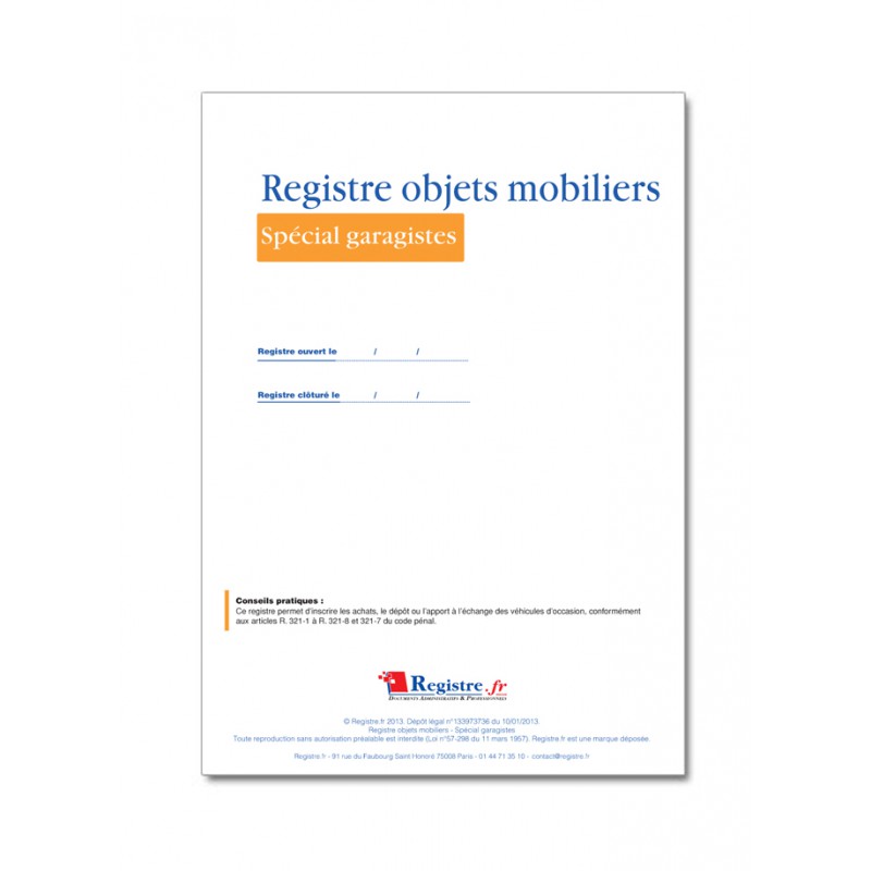 Registre D'objets Mobiliers - Garagistes Et Vendeurs De Véhicules D'occasion