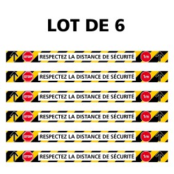 SIGNALISATION DE MARQUAGE AU SOL ADHESIVES AVEC COLLE FORTE SPECIAL COVID-19 - LOT DE 6 BANDES RESPECTEZ LES DISTANCES DE SECURI