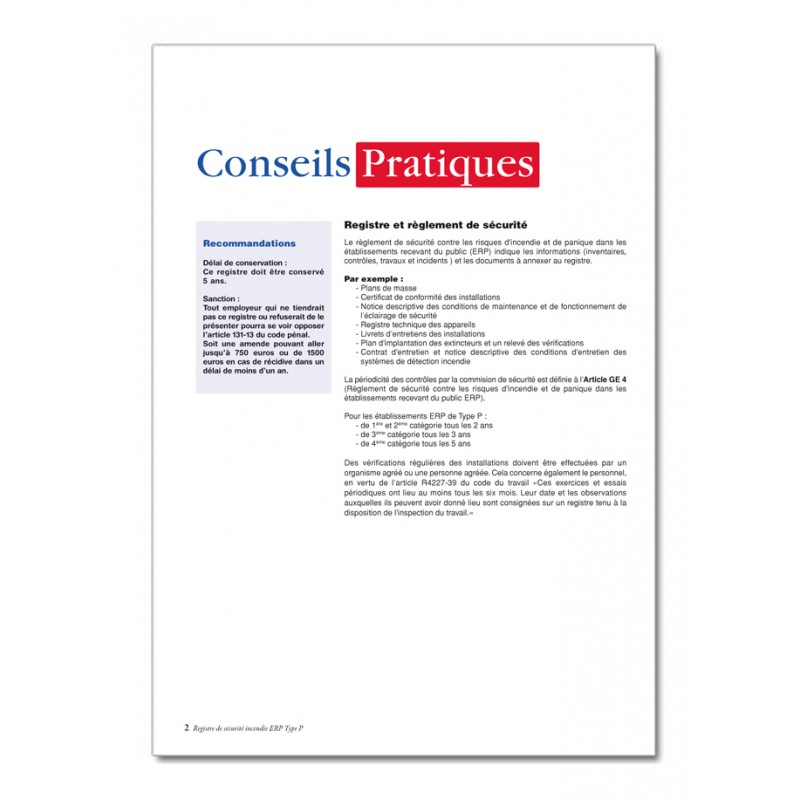 Registre De Sécurité Incendie ERP Type P - 40 Pages - Conforme Règlement, Pour Salles De Danse, Jeux, Etc.