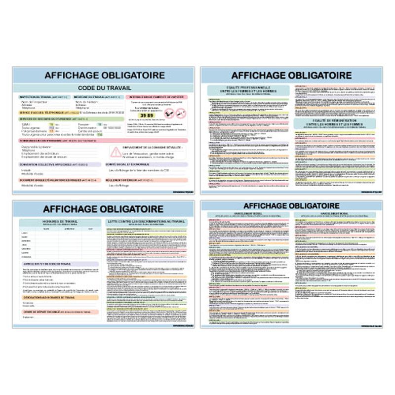 Signalisation affichage obligatoire en entreprise - Affichage obligatoire du code du travail - Lot de 4 visuels Normes 2020