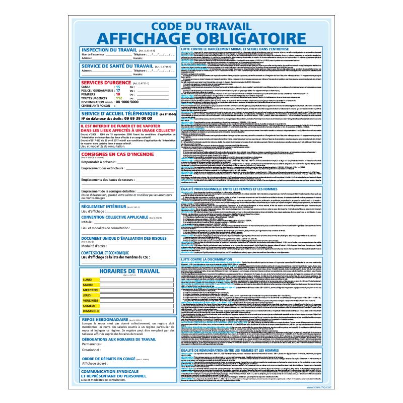 Signalisation affichage obligatoire en entreprise - Code du travail - Normes 2020