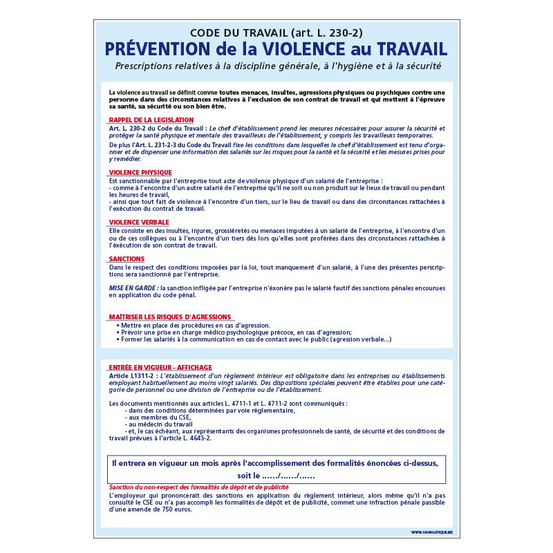 Signalisation affichage obligatoire en entreprise - Affichage de prévention de la violence au travail