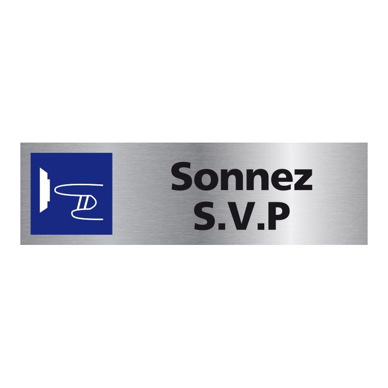 Signalisation plaque de porte aluminium brossé - Sonnez S.V.P