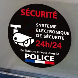 Signalisation de sécurité - Lot de 2 planches de 6 autocollants adhésifs système électronique de sécurité 24h/24 - Police