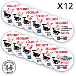 Signalisation de sécurité - Lot de 2 planches de 6 autocollants adhésifs système électronique de sécurité 24h/24 - Gendarmerie