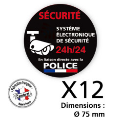 Signalisation de sécurité - Lot de 2 planches de 6 autocollants adhésifs système électronique de sécurité 24h/24 - Police noir