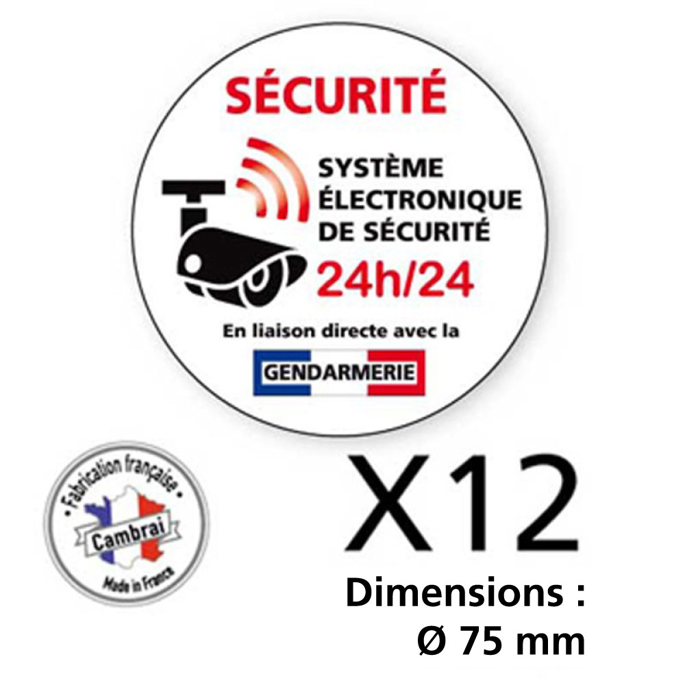 Signalisation de sécurité - Lot de 2 planches de 6 autocollants adhésifs système électronique de sécurité 24h/24 - Gendarmerie