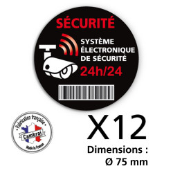 Signalisation de sécurité - Lot de 2 planches de 6 autocollants adhésifs système électronique de sécurité 24h/24 -